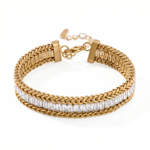18 Karat Gold PVD Stainless Steel Baguette CZ Wheat Chain Bracelet