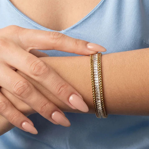 18 Karat Gold PVD Stainless Steel Baguette CZ Wheat Chain Bracelet