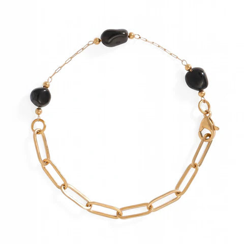 18 Karat Gold  Stainless Steel Quartz Crystal, Onyx or Turquoise Station Bracelet