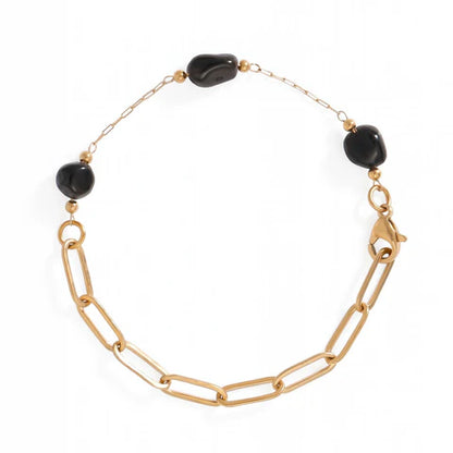 18 Karat Gold  Stainless Steel Quartz Crystal, Onyx or Turquoise Station Bracelet