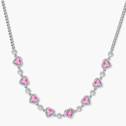 Pink heart-shaped cubic zirconia jewelry set with white gold plating featuring necklace, earrings, bracelet and ring