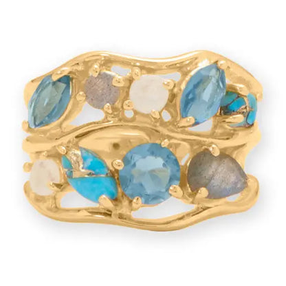 14 Karat Gold Plated Blue Multi Stone Cluster Ring