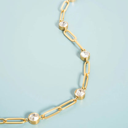 18K Gold PVD Stainless Steel Crystal Stone Paperclip Chain Necklace